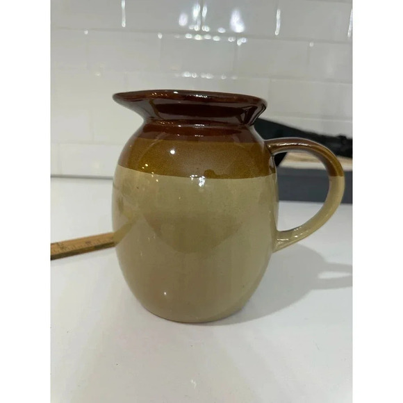 Vintage 70s Stoneware Crock Jug Pitcher Brown Tan Milk Pitcher Bohemian - Picture 9 of 9